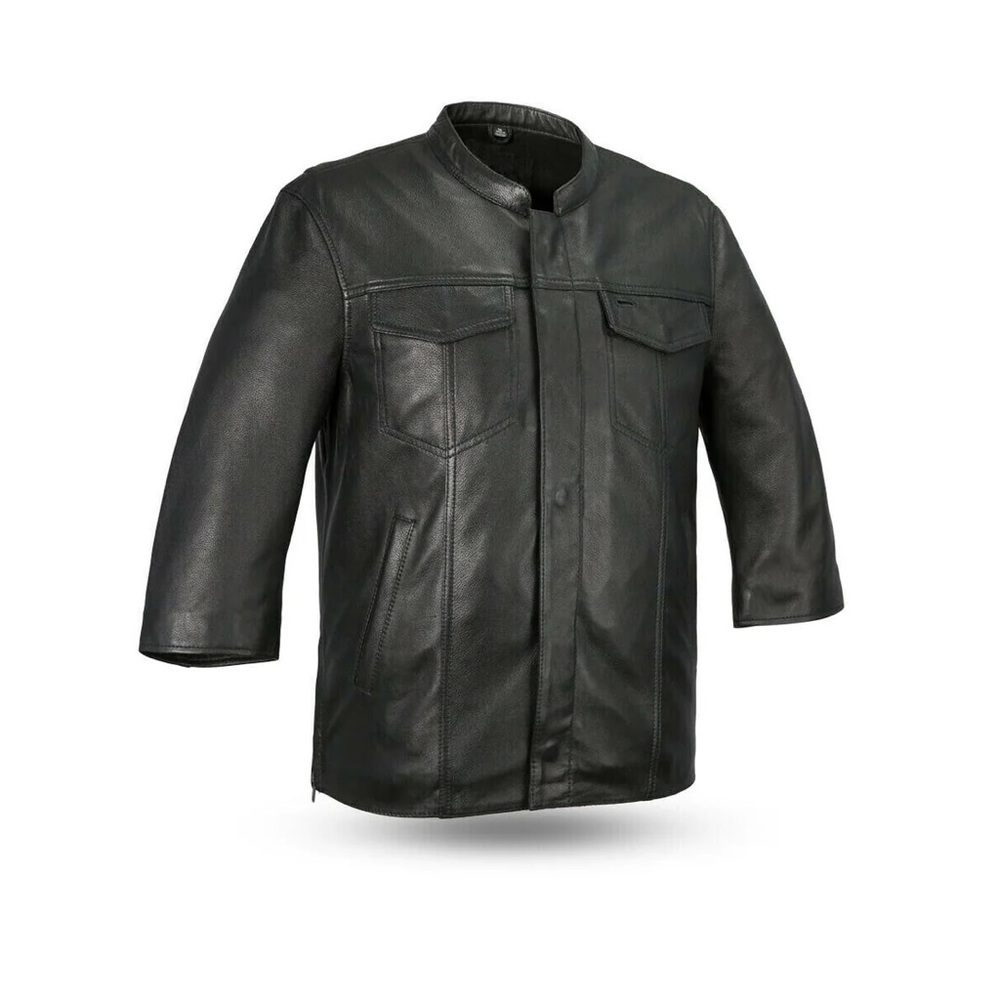 MENS MOTORCYCLE BLACK COWHIDE LEATHER SHIRT CONCEALED CARRY